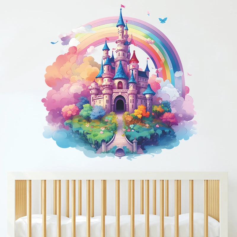 Cartoon Rainbow Castle Magic Kingdom Wall Sticker for Kids Room Girls Room Decoration Princess Castle Vinyl Nursery Decor Decals