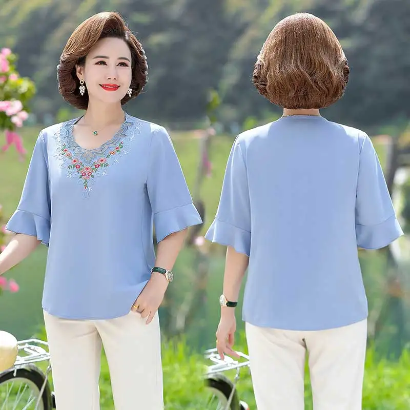 Women's Chiffon Shirt 2023  Summer Retro  embroidery Casual Blouses Shirt Middle-Aged Stylish Mother Dress