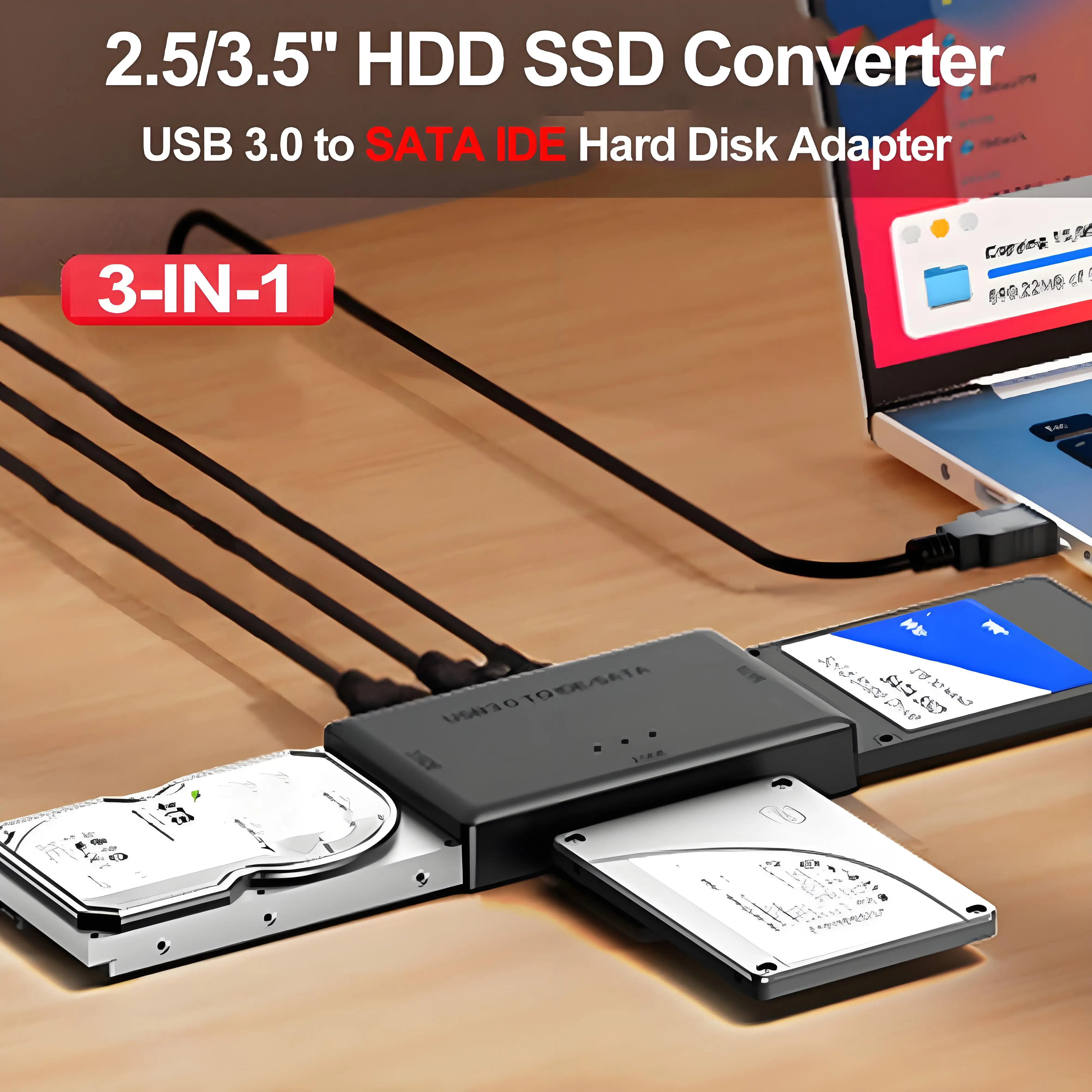 Адаптер жесткого диска 3-в-1 USB3.0 к SATA IDE 2,5/3,5 дюйма HDD SSD Оптический накопитель Преобразователь передачи данных для ноутбука Настольный жесткий диск