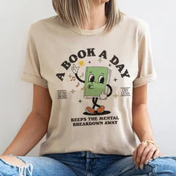 A Book A Day Women Cute Cartoon Bookworm T-Shirts Funny Book Lover T Shirt Retro Reading Graphic Tees Unisex Bookish Tops Gifts