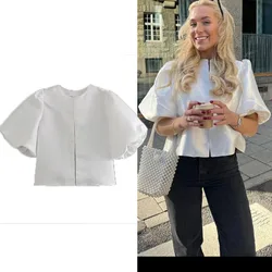 TRAF Satin Crop Top Women Puff Short Sleeve Female Shirts Summer Elegant Blouses Round Neck Loose Blouse Cut Out Cropped Blouses