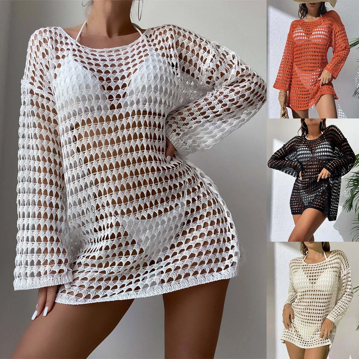 

Женская сексуальная вязаная водолазка, бикини, топ в европейском и американском стиле, летняя новая блузка с длинным рукавом и круглым вырезом, купальник, блузка