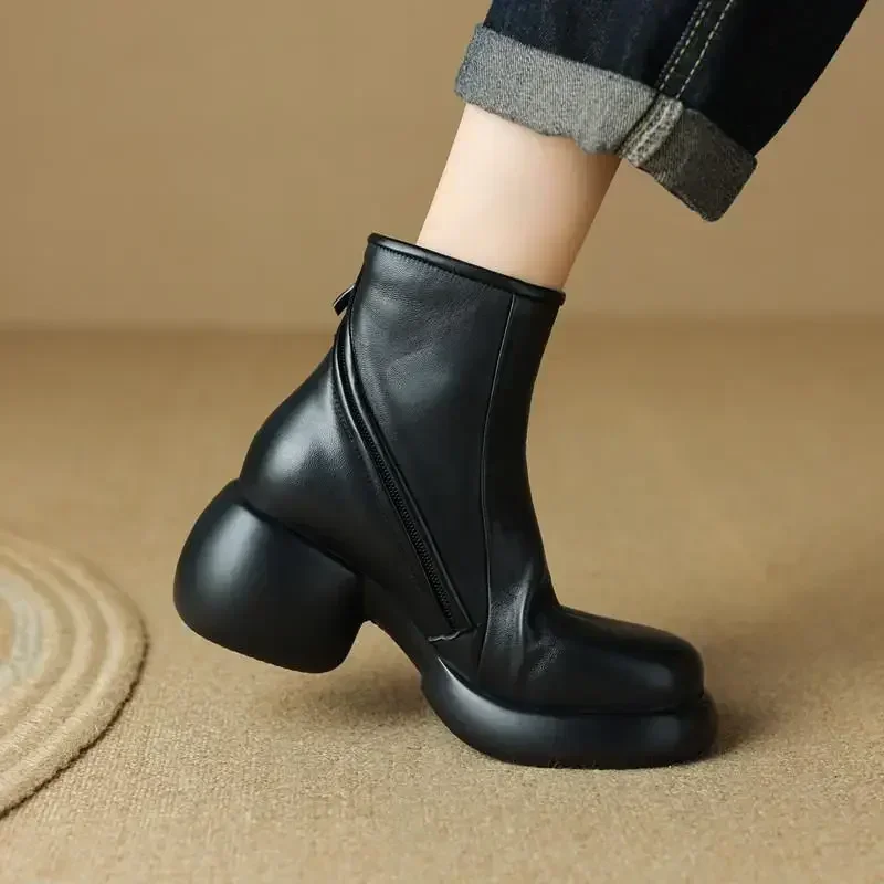 Comemore Women Short Boots Winter New Leather Thick Sole British Style Comfortable Fashion Boots Street Walking Casual Shoes