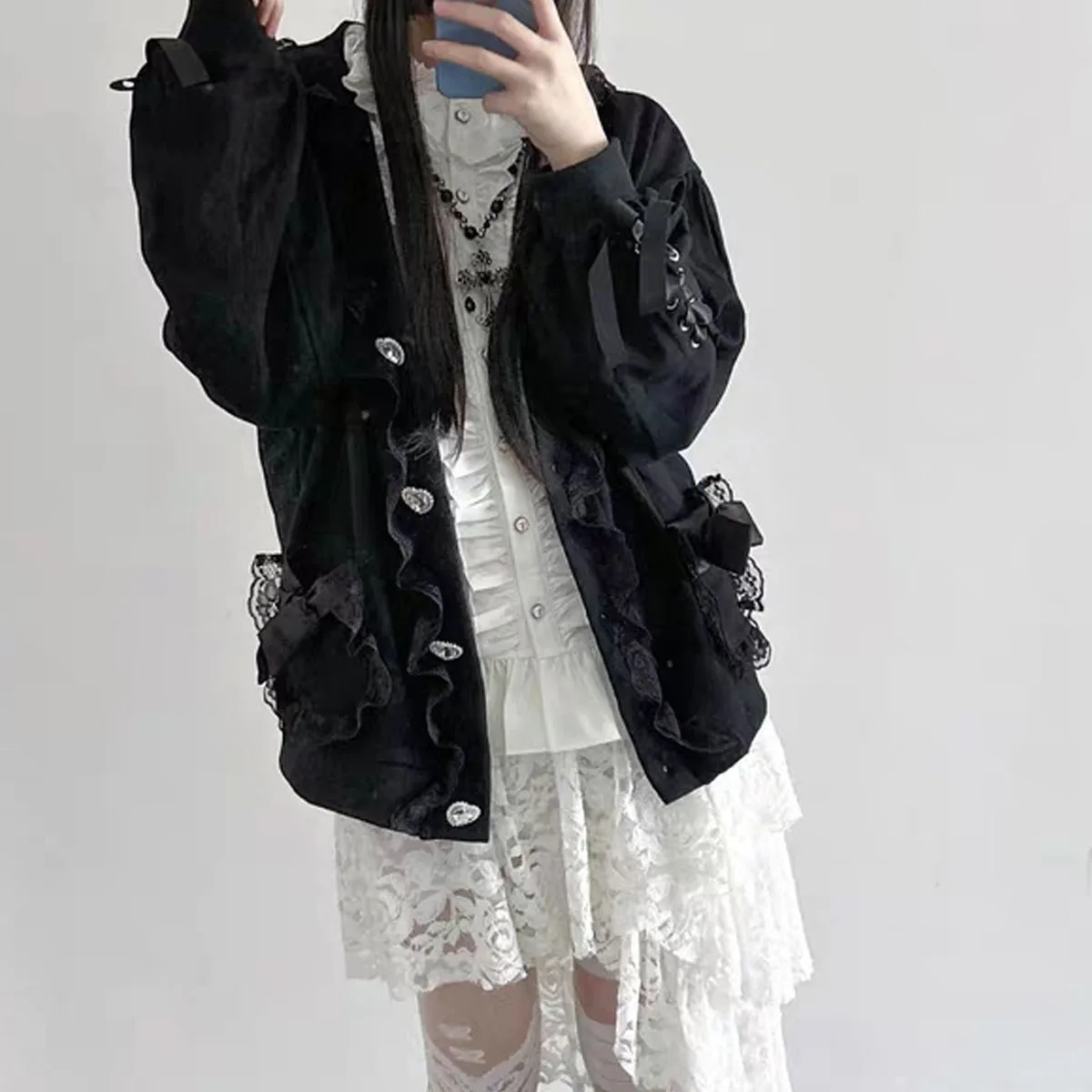 

2025 розовый, белый, черный, милый кавайный вязаный свитшот в стиле Лолиты, куртка, женская осенняя свободная японская кружевная лента с бантом, кардиган, пальто