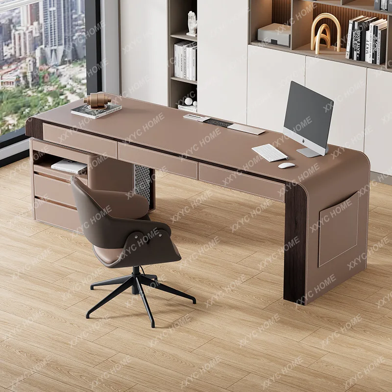 LMinimalist Saddle Leather Corner Desk Home Living Room Study Workbench Computer Desk Light Luxury  medieval office table