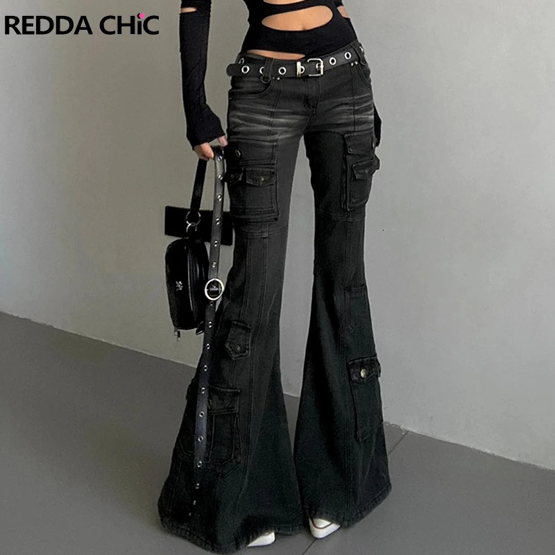 REDDACHiC Acubi Fashion Black Flare Jeans Retro Whiskers Skinny Stretch Low Rise Pockets Cargo Pants Women Grunge Alt Streetwear