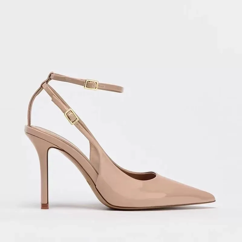 

2025 New Naked Painted Leather Headless One Line Buckle Sandals with Pointed, Fine Heels, Professional High Heels