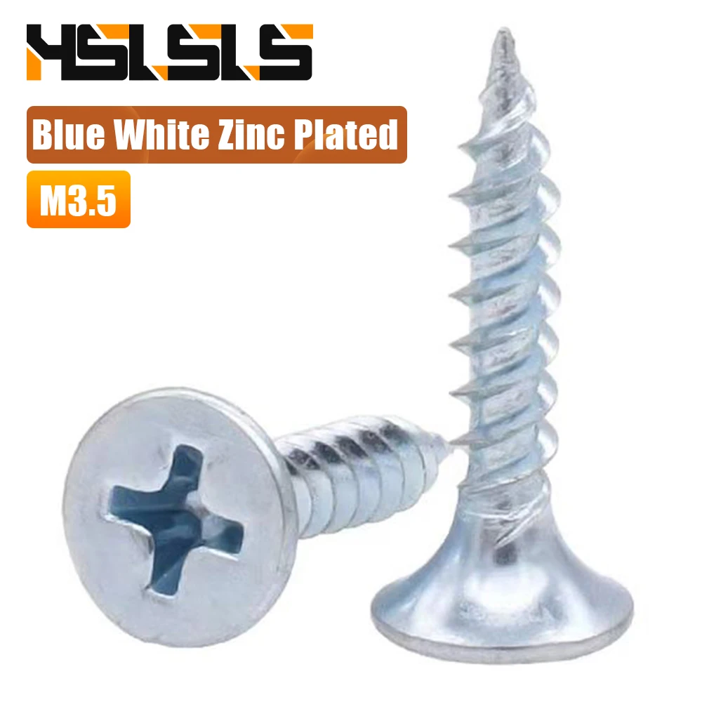 M3.5 Cross Recessed Countersunk Flat Head Drywall Screws Blue White Zinc Plated Phillips Wood Tapping Screw Home Hardware Tool