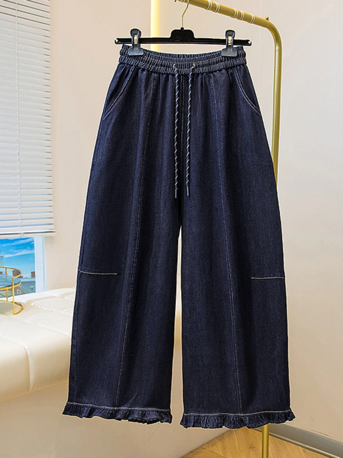 

Blue High Waist Drawstring Wide Leg Jeans Women's Casual Style Spring New plus Size Slimming Cargo Pants with Pockets