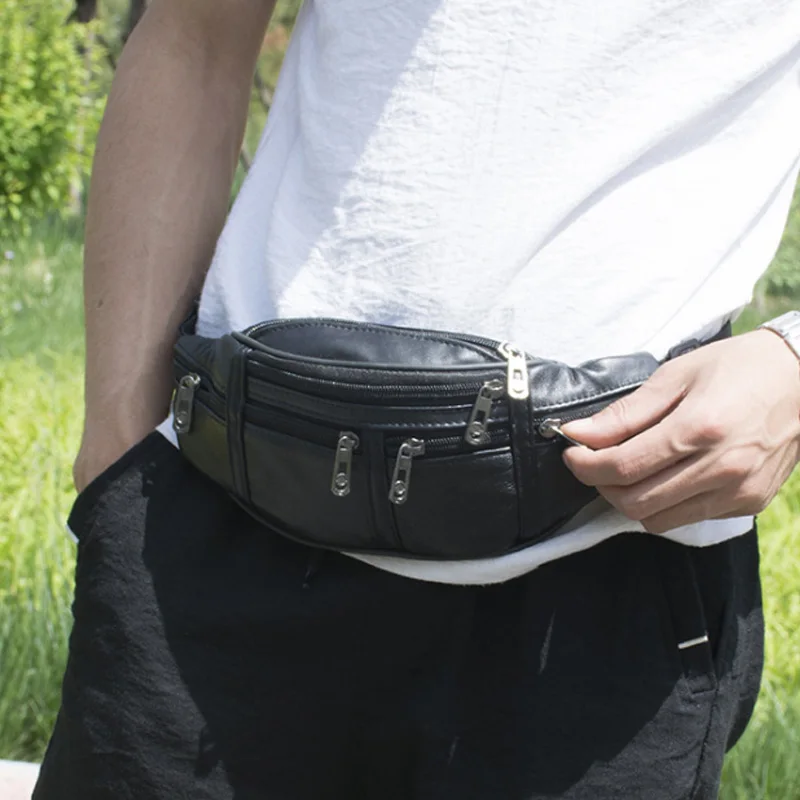 AEB0-Genuine Leather Male Waist Pack Fanny Pack Men Leather Belt Waist Bags Phone Pouch Small Chest Messenger For Man