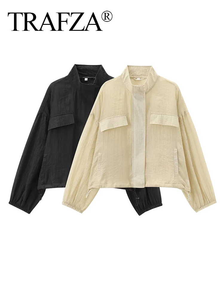 

TRAFZA Female Summer Chic British Style Solid Pleated Translucent Coat Lapel Zipper Pocket Puff Sleeves Women Street Coat Mujer