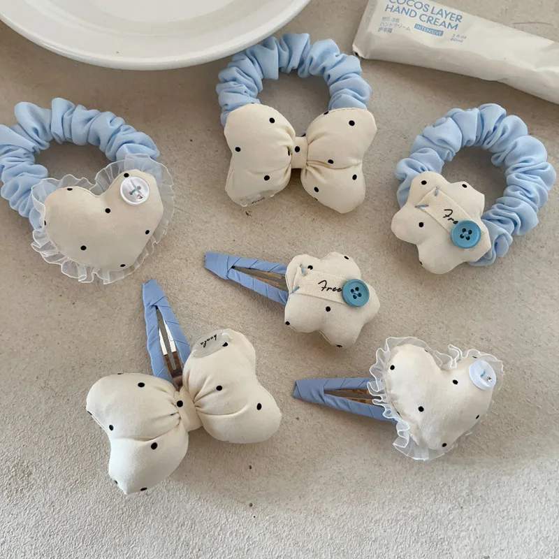 Hair Ties and Clips Blue Polka Dot Bow Heart Fabric for Girls Ponytail Side Hair Everyday Styling Non Slip Soft Comfortable