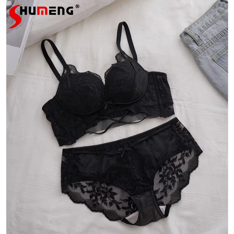 الدانتيل مثير الملابس الداخلية البيضاء مجموعة للنساء الصغيرة الصدر رفع تعزيز العشير الإناث النمط الياباني الصدرية الدانتيل الدعاوى موجز