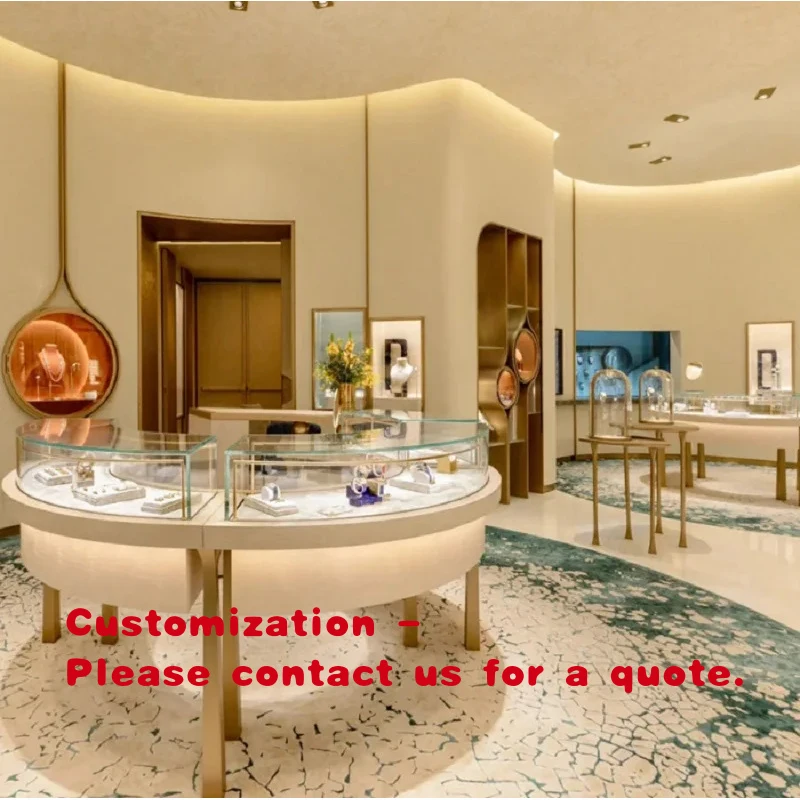 

custom.Luxury Beige Curved & Gold Jewelry Store Display Set, Complete Turnkey Fixture Package with LED Lighting & Glass Cases