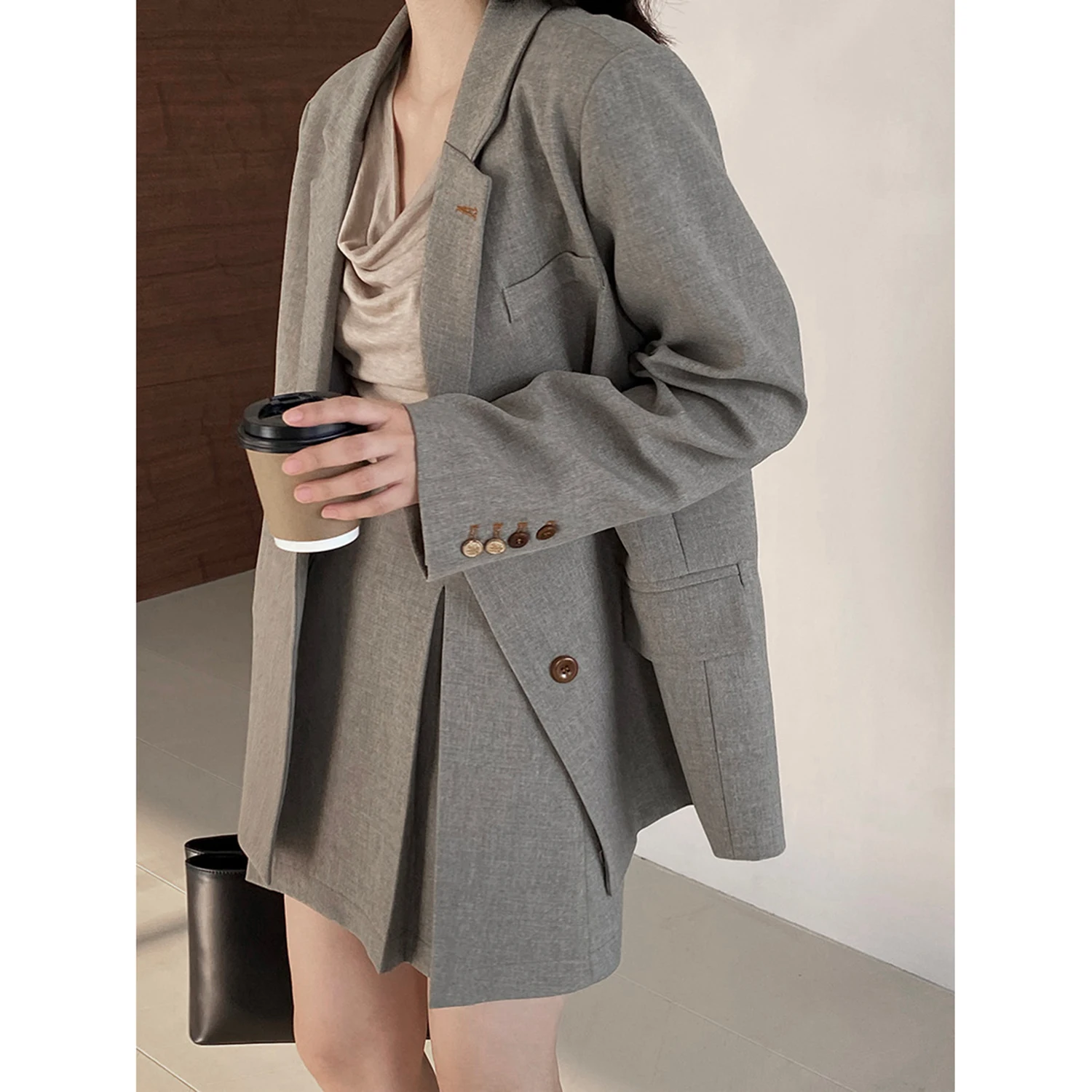 Allingentle Luxury Gray Women's Skirtsuit Outfit 2 Piece Suit Blazer & Skirt Elegant for Daily Casual Customized