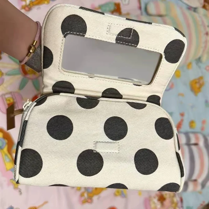 Flap Design Polka‑dot Canvas Makeup Bag Ins Style Zipper Closure Portable Travel Outdoor Handheld Storage Bag Built‑in Mirror