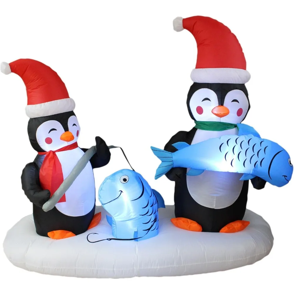 

6Ft Long Lighted Christmas Inflatable Two Penguins Happy Fishing Party LED Lights Outdoor Decorations Blow up Yard