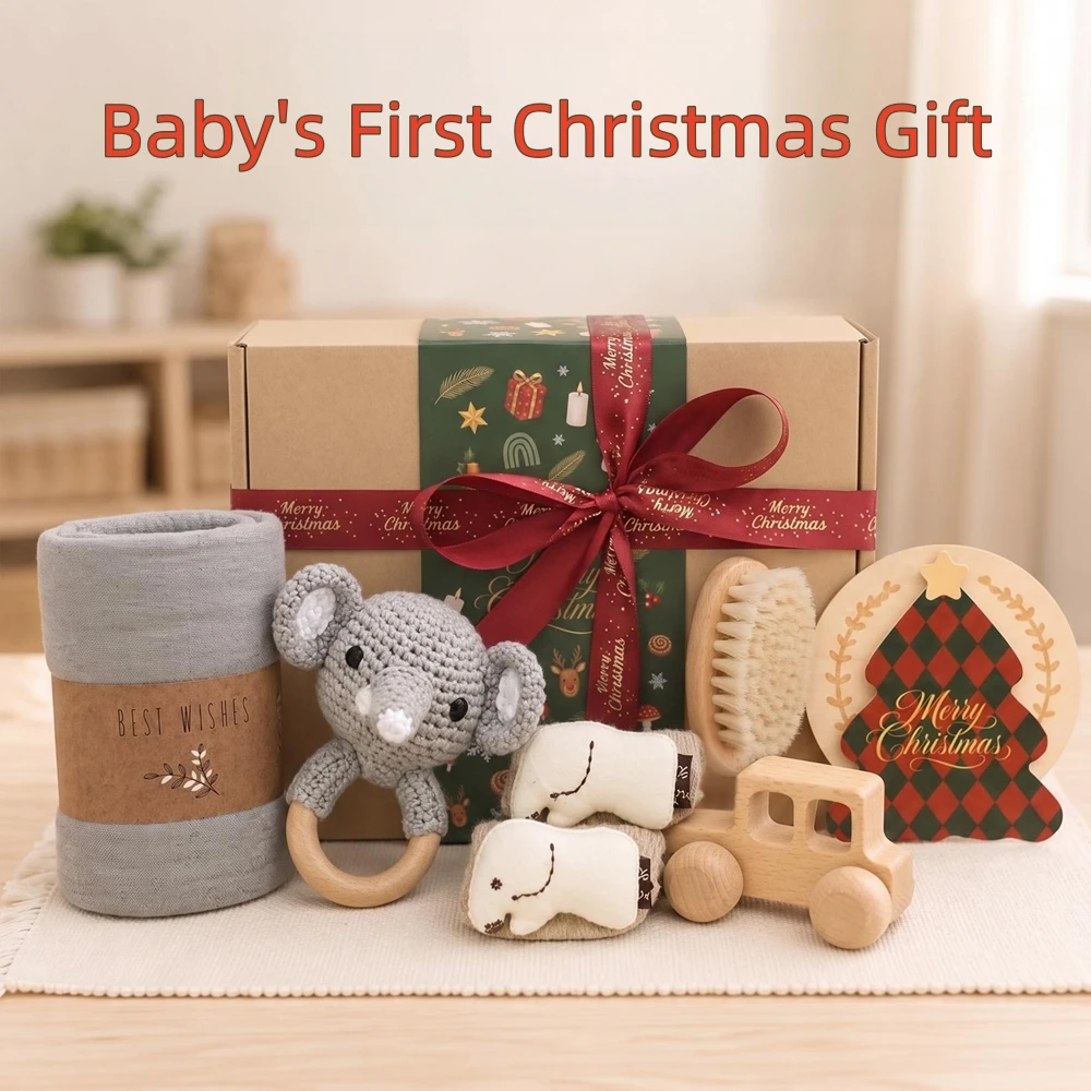 Baby Bath Set with Cotton Blanket Face Saliva Towel Crochet Rattle Toy Wool Brush, First Christmas Gift Box for Baby Shower