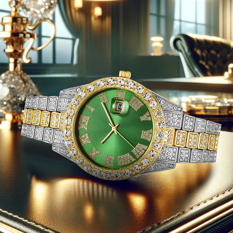 A men's green business casual quartz watch with a calendar function, featuring a gold stainless steel strap and a starry dial