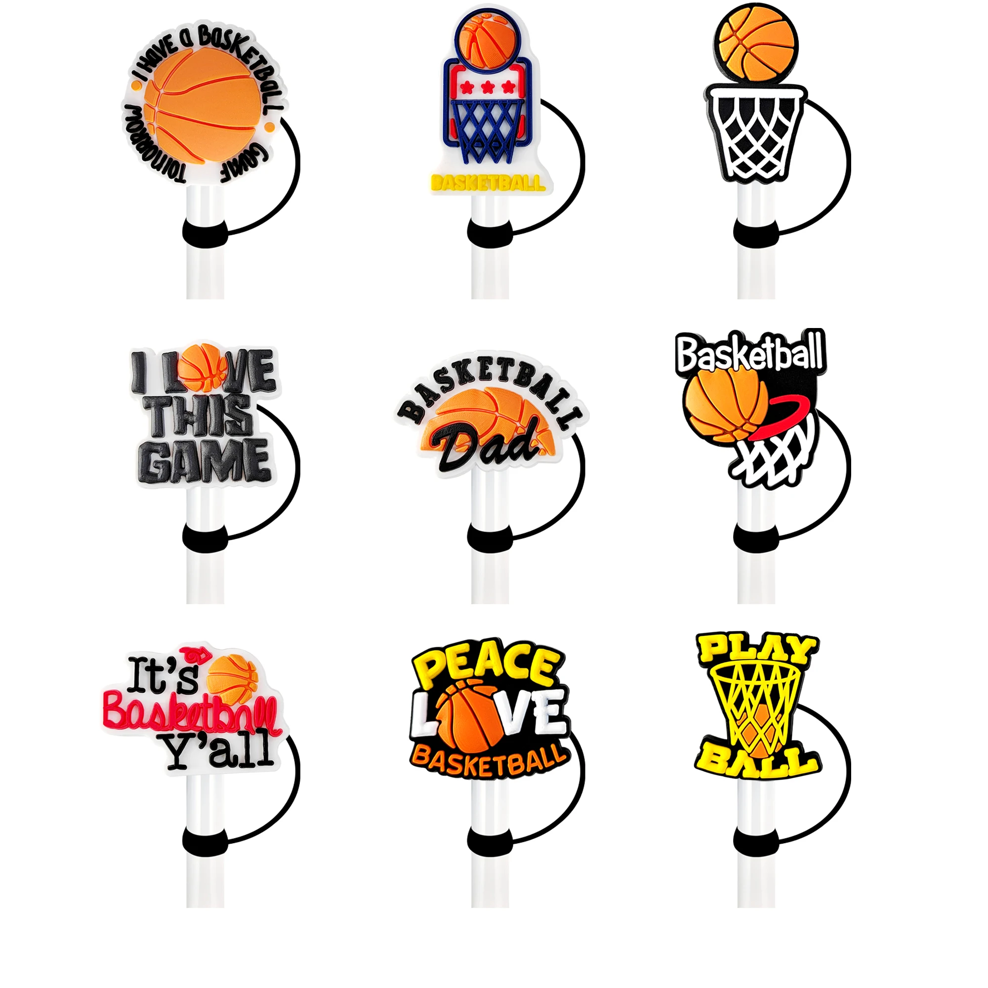 1-9Pcs Peace Love Basketball Silicone Straw Covers Splash Proof 10mm Straw Caps For Stanley 30&40 Oz Tumble Dust-Proof Boys Gift