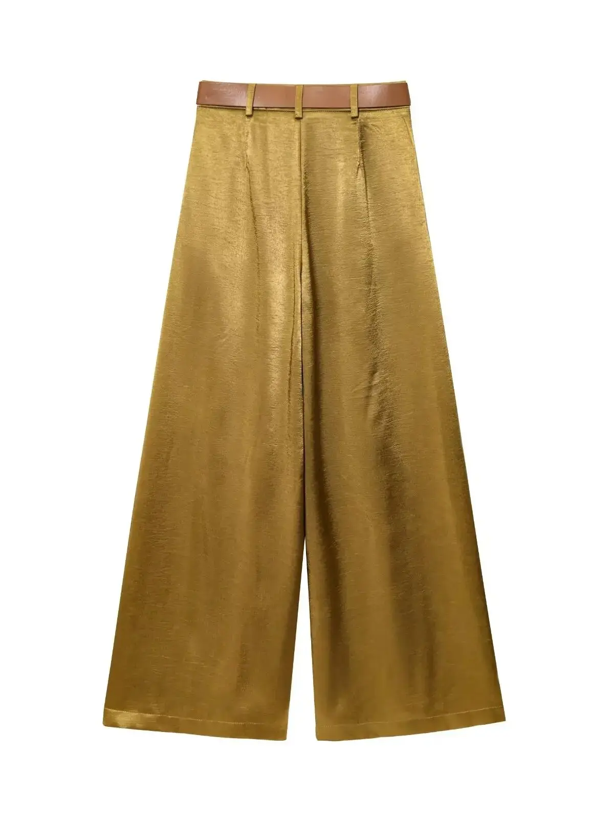 2025 Autumn Women's Vintage Designer Smooth Soft Satin Pants with Belt Lady Elegant High Waist Loose Wide Leg Straight Trousers