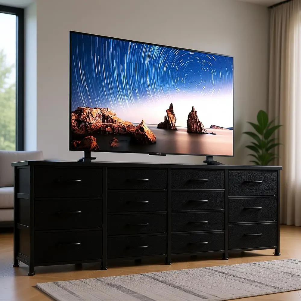 63 Inch TV Stand for Bedroom, Long Black Drawer with Fabric Doors for 65-75 Inch TVs, Entertainment Center with Storage and Medi