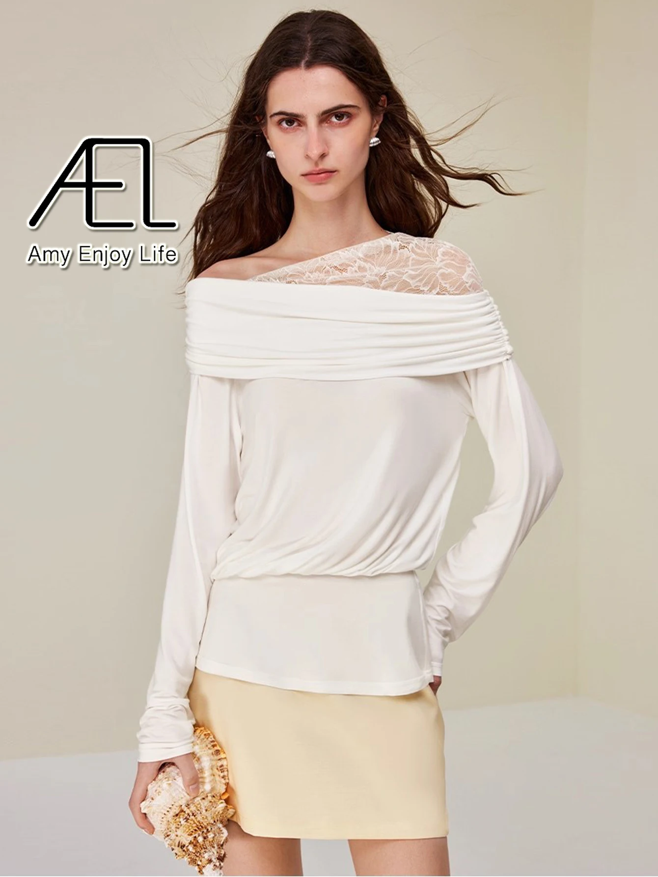 

AEL Women's Boat Neck Slim Fit Long Sleeve T-Shirt Summer Autumn White Top New 2025 Style Fashionable Casual Wear