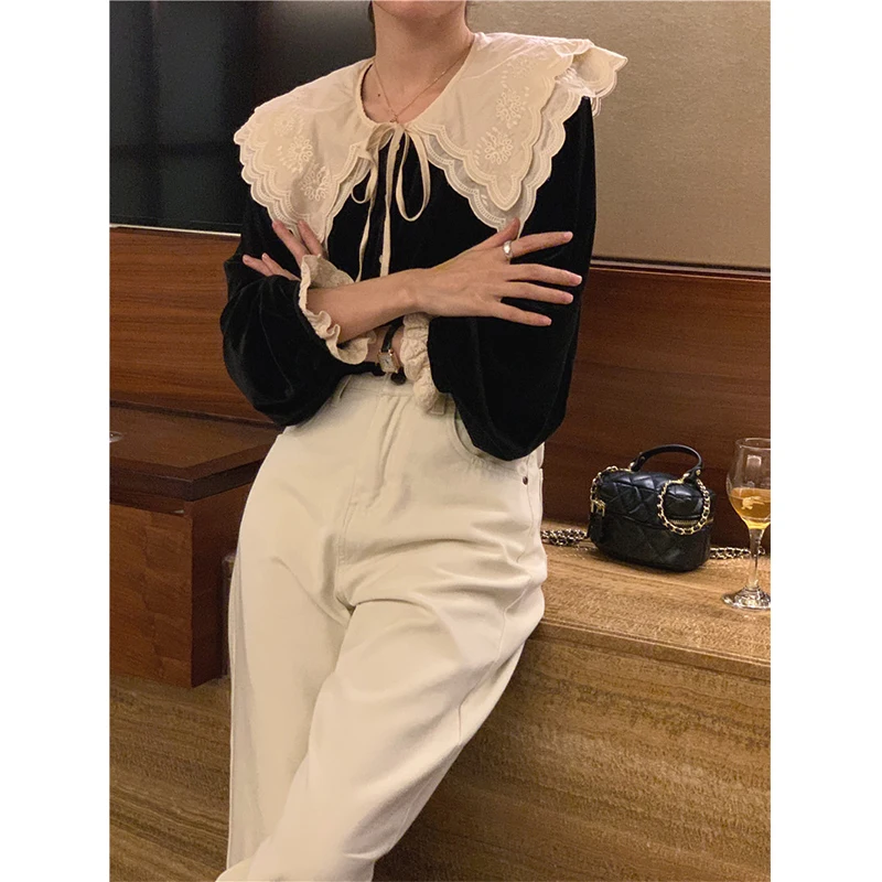 Vintage Black Velvet Shirts Women Elegant Lace Patchwork Blouses Office Ladies Korean Bandage Long Sleeve Loose Chic Tops New