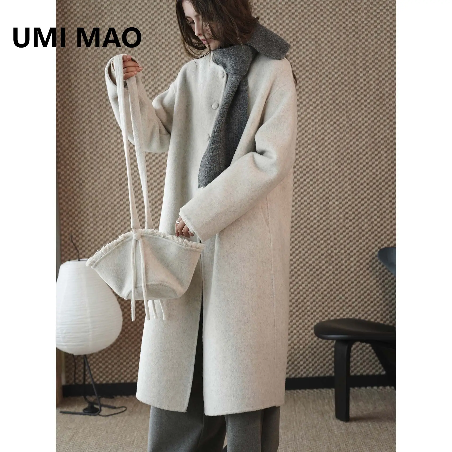 UMI MAO Winter Jacket New Korean Style Fashionable Collarless Matching Hat Double-Sided Wool Coat Loose Long Coat Women