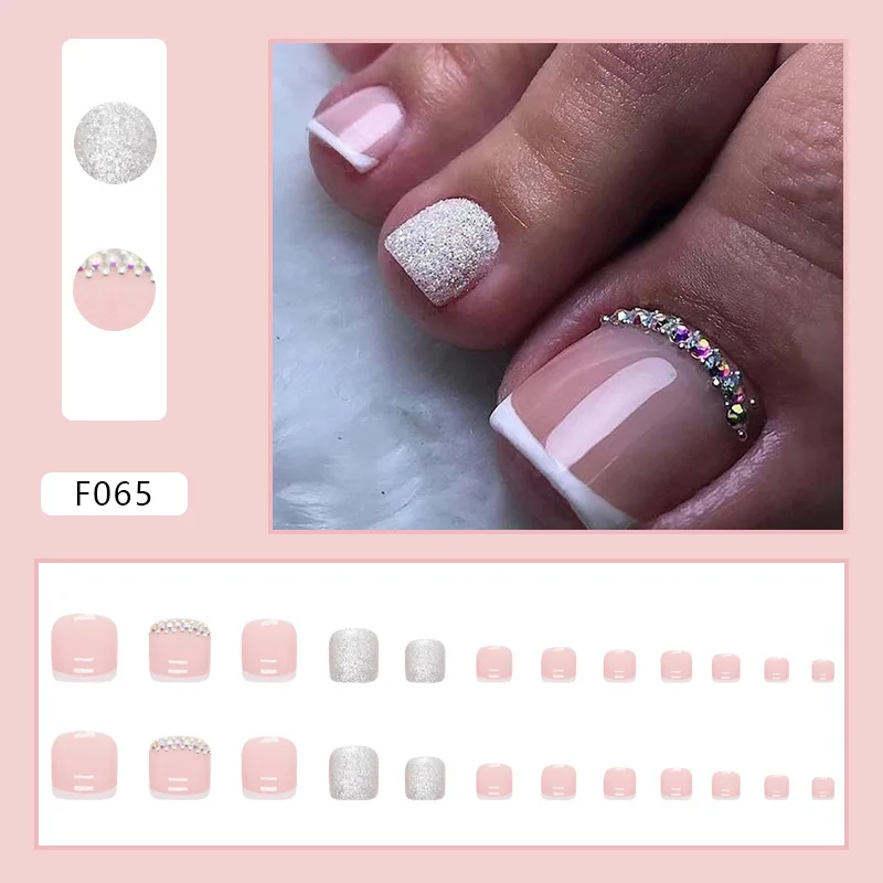 24 Pcs Toenails False Nails with Glue Simple French Toe Nail Press Ons Nails Glitter Rhinestones Cheap Fall Acrylic Nail Tip view 2
