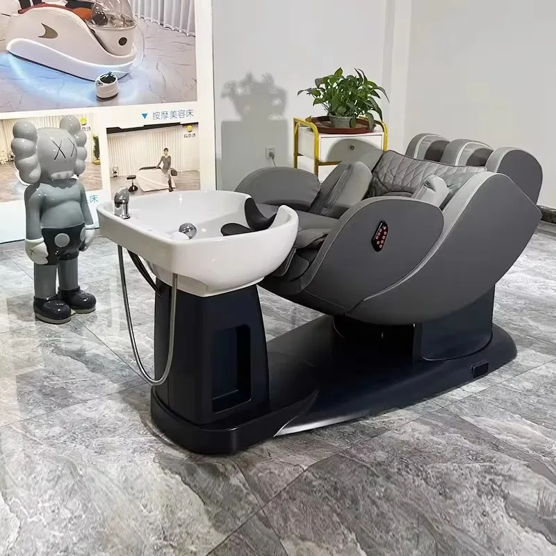 

Modern Hair Salon Japanese Head SPA Shampoo Bed Electric Curve Washing Chair Luxury Grey Shampoo Bowl Bed with Water Tank
