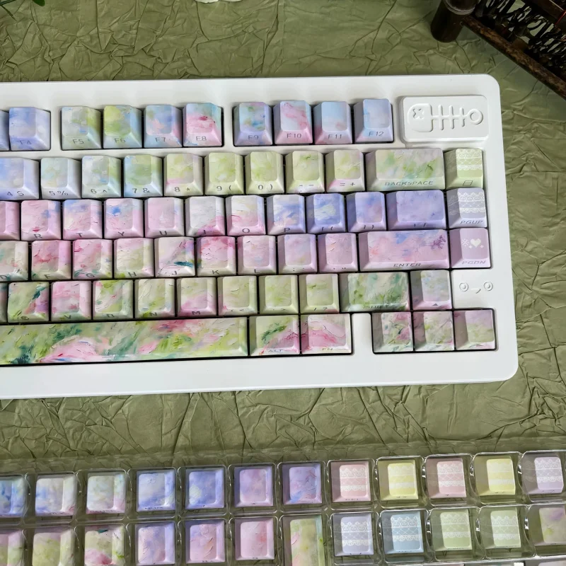 Oil Painting Spring Custom Keycaps Set,130 Keys Cherry Profile Side Print Shine Through Key Caps For MX Mechanical Keyboard