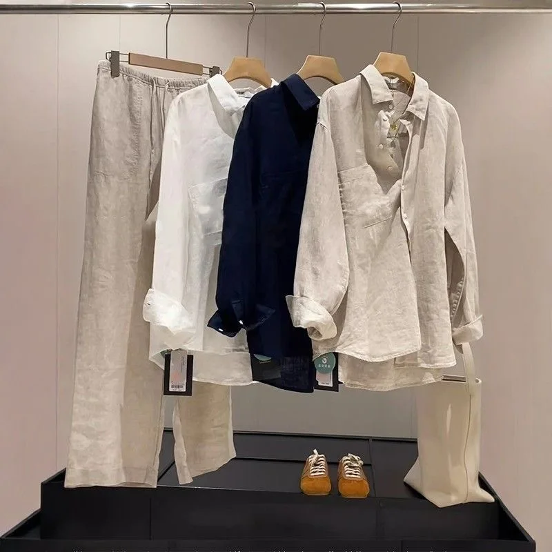 Men's Linen Sport Sunscreen Shirt Loose Casual Air Conditioned Top with Pants Two-Piece Set Summer Breathable Comfortable