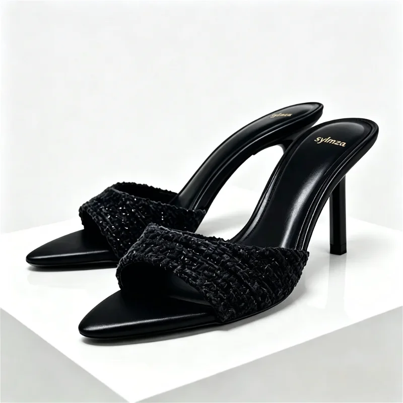Comfortable Fabric Upper Thin High Heeled Women Slippers Summer Sexy Peep Toe Slides Sandals Luxury Designer Heels for Ladies