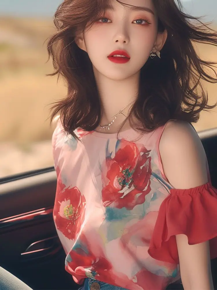 Zomer Frans licht modieus chic tops licht luxe rood bedrukt shirt