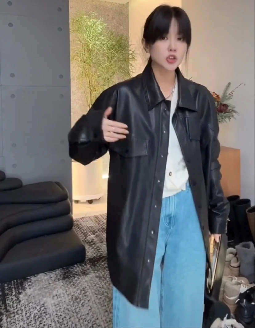 Primavera nuevo abrigo Bla eepskin Hepburn Sle suelto largo Sve Puffy Sve prendas de vestir exteriores de moda chaqueta de cuero Faion para mujer