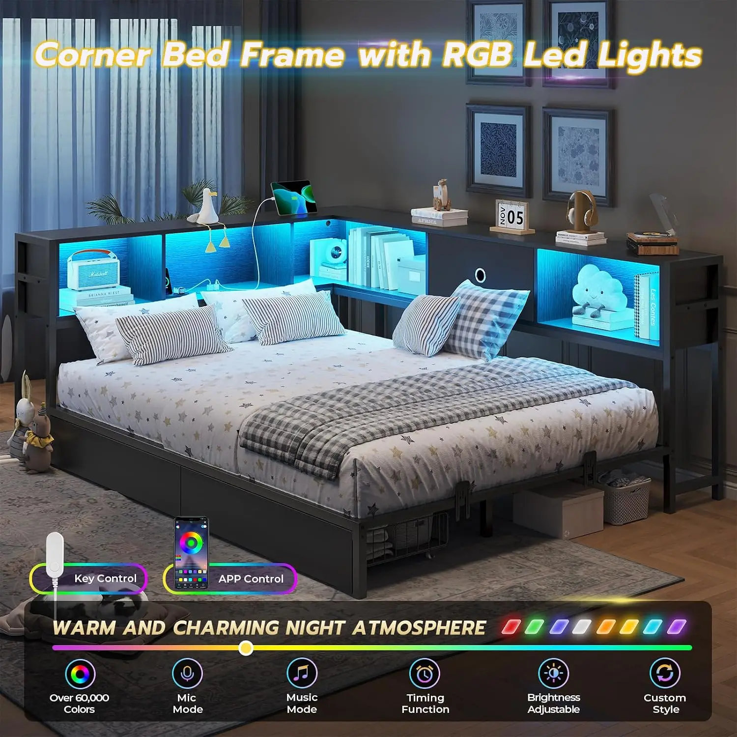 Corner Bed Frame Bookcase LED Lights Metal Platform Full Storage Drawers Charging Station Daybed Teen Adult Black, Customized image 4