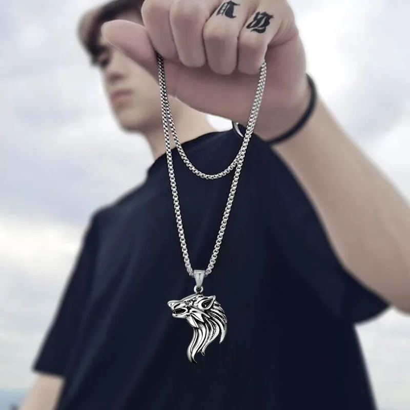 Stainless Steel Hip Hop Retro Wolf Head & Dragon Pendant Necklace Men's Fashion necklace Long Neck Chain Punk Jewelry Party Gift