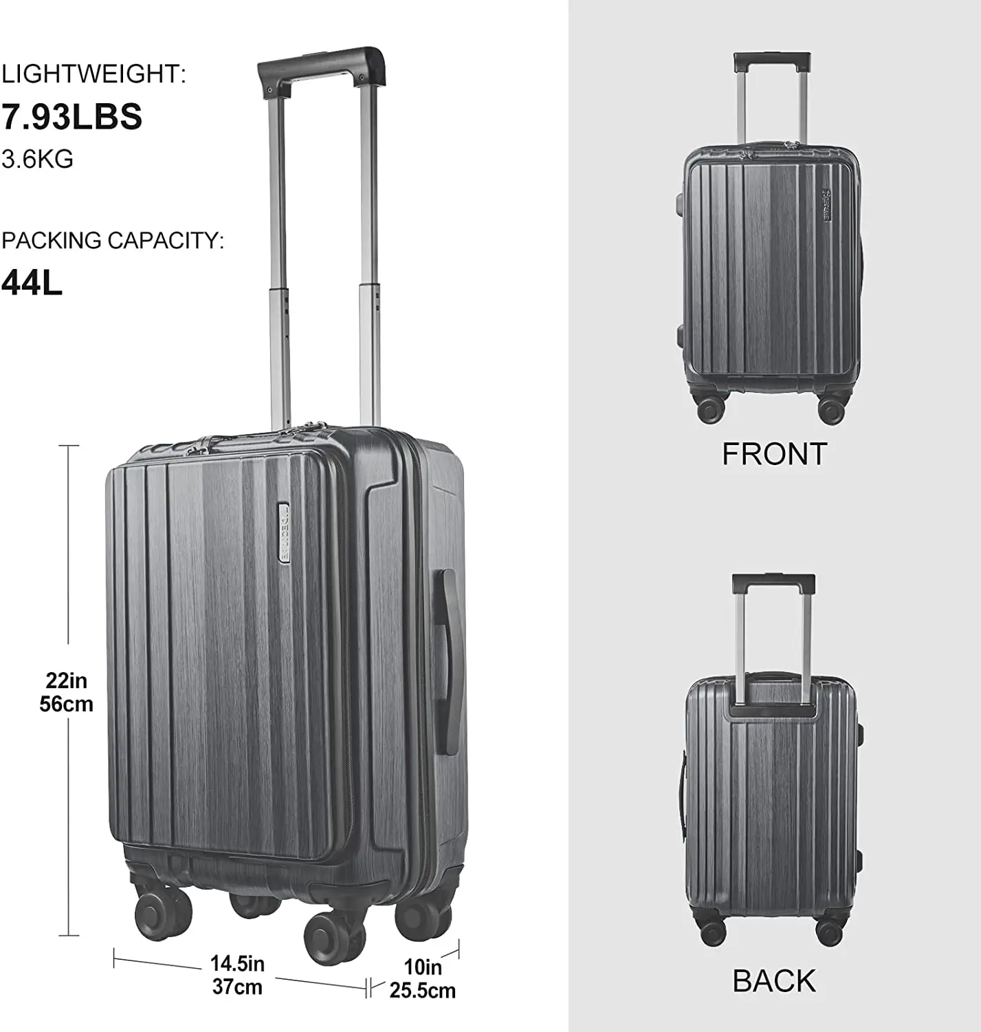 Bagage à main avec poche avant pour ordinateur portable, roues silencieuses, spinner gris, ABS léger, PC, contrôle des touristes, verrouillage TSA, 21 po, 15.6 po