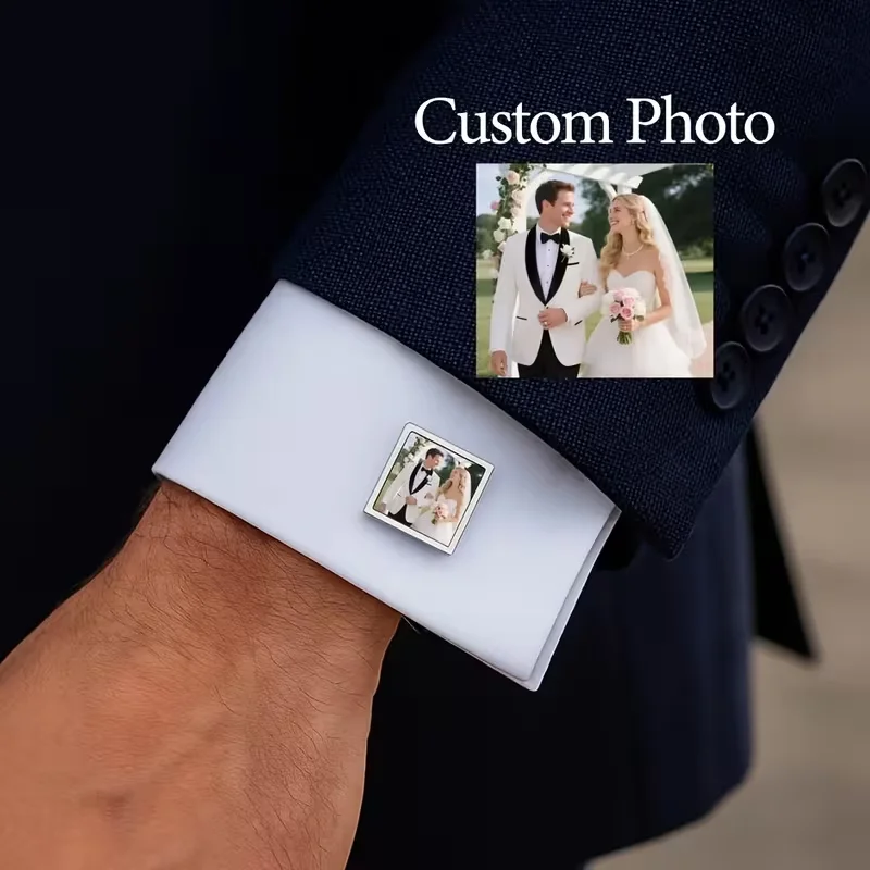 Custom Photo Cufflinks Personalized Picture Square Cuff Links Wedding Groom Gift for Men Husband Clothing Decor Anniversary Gift