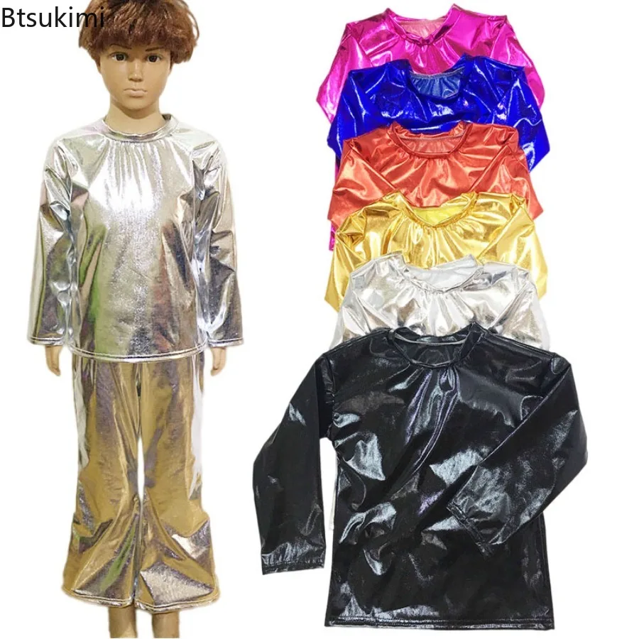Kids Girls Boys Jazz Dance Stage Performance Tops Metallic Shiny T-shirts Long Sleeve Round Neck T-shirt Top Children Dancewear
