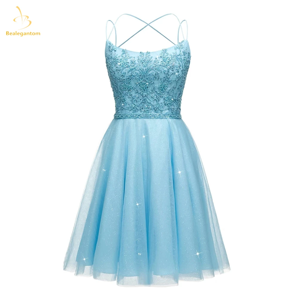 

Bealegantom Sexy Short Sparkly Tulle A Line Prom Homecoming Dresses Spaghetti Straps Beads Mini Graudation Cocktail Party Gown