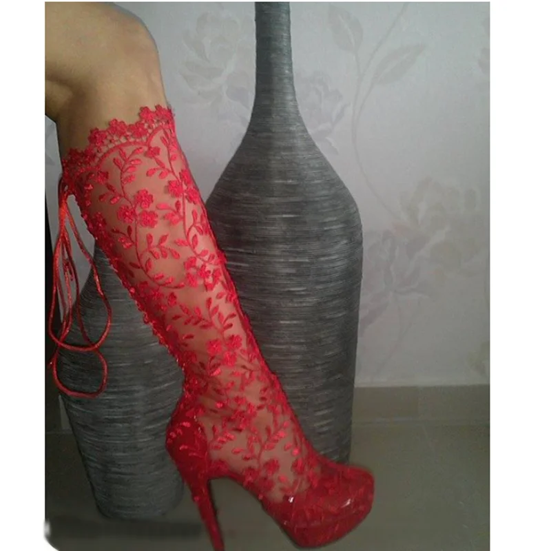 

Red Lace Crossover Strap Hollow Boots Thin High Heel Fashion Sexy Novel 2023 Summer Big Size Woman Shoes Zapatillas Mujer