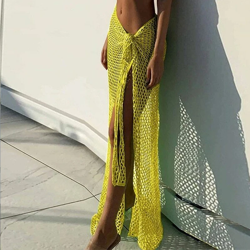 New Arrival Women Knitting Crochet Hollow Out Cover Up Solid Color Beach Dress Sexy Wrap Skirt Binding Rope Beach Wear Sarong