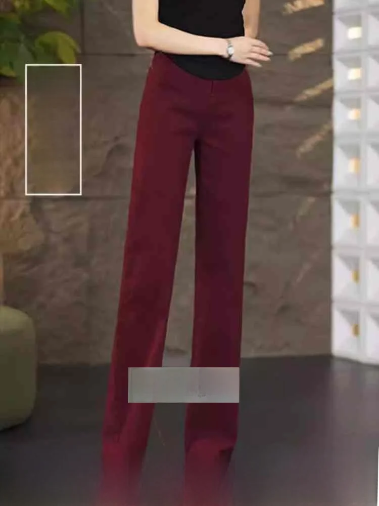 

Облегающие широкие джинсы, женские повседневные прямые длинные брюки, весна-осень-зима, винно-красный цвет, высокая талия, застежка-молния