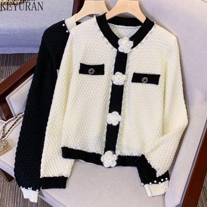 2023 New Autumn White Knitted Cardigans Sweater Women Korean Fashion Rose Flower Pears Beading Long Sleeve O-neck Sweaters Coat