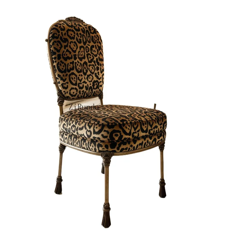 Leopard print velvet dining chair antique hand-carved metal frame dining room decorative edge chair