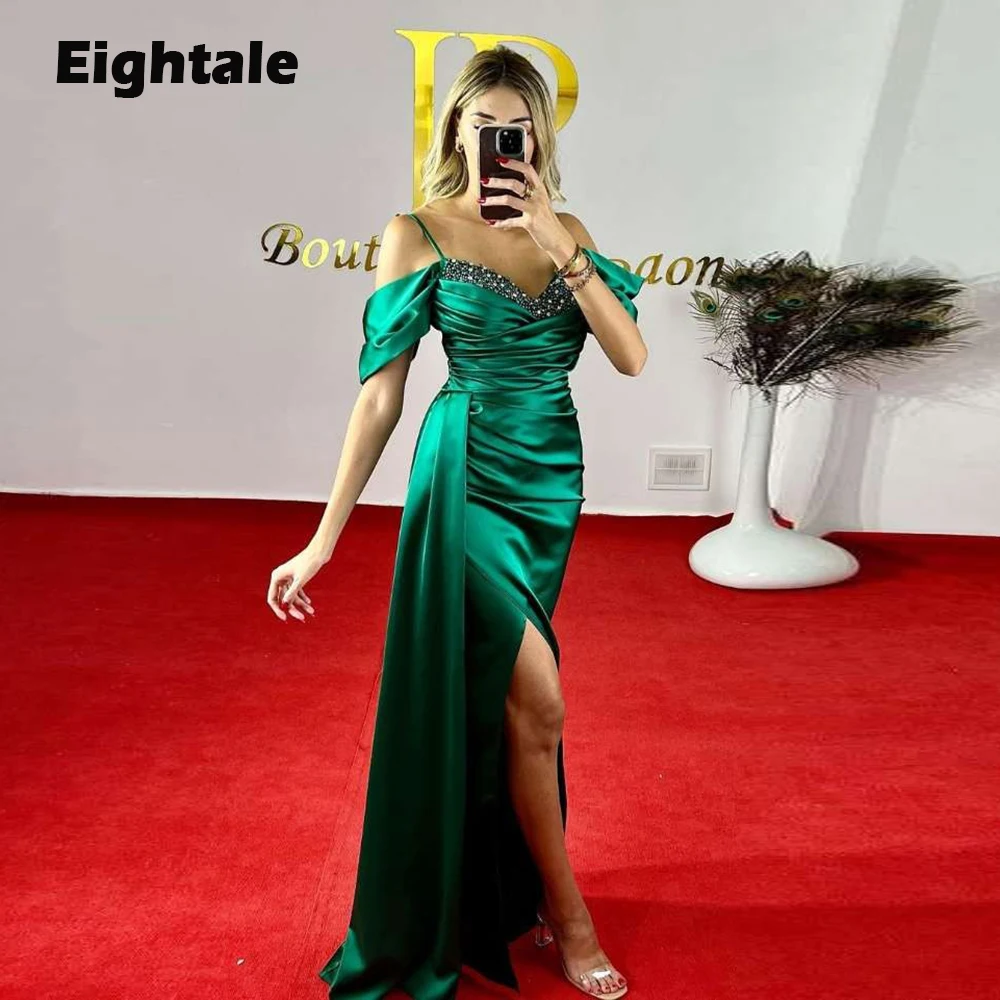 

Eightale Emerald Green Evening Dresses Beaded Satin Prom Gown Spaghetti Strap Slit Mermaid Formal Arabic Party Dress for Wedding