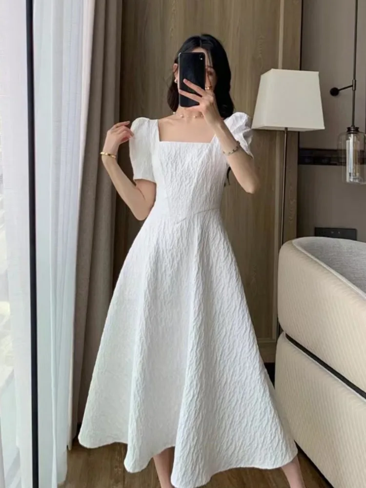 

French Elegant White Midi Dresses Casual Square Collar A-line Birthday Party Vestidos Summer Short Sleeve Clothing Vestidos