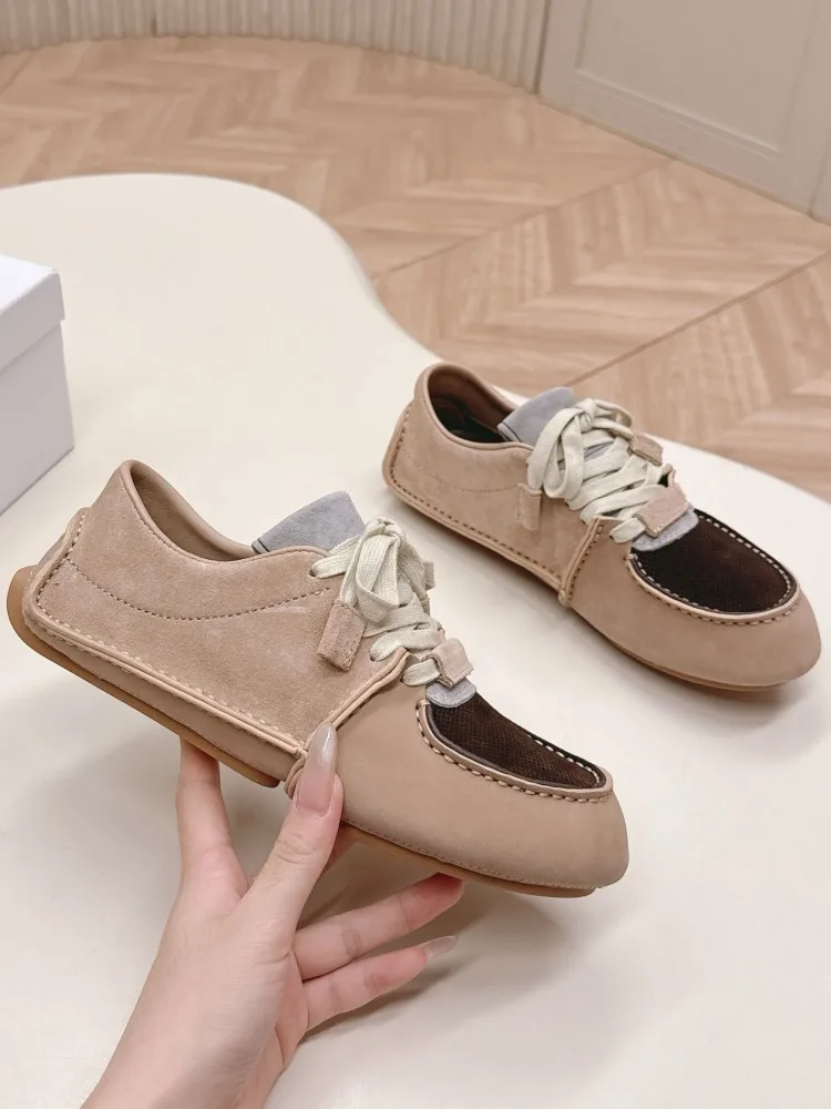 Leisure Ladies Comfortable Genuine Leather Cross-Tied Pumps Handmade Mixed Color Cowhide Round Toe Height-Increasing Footwear